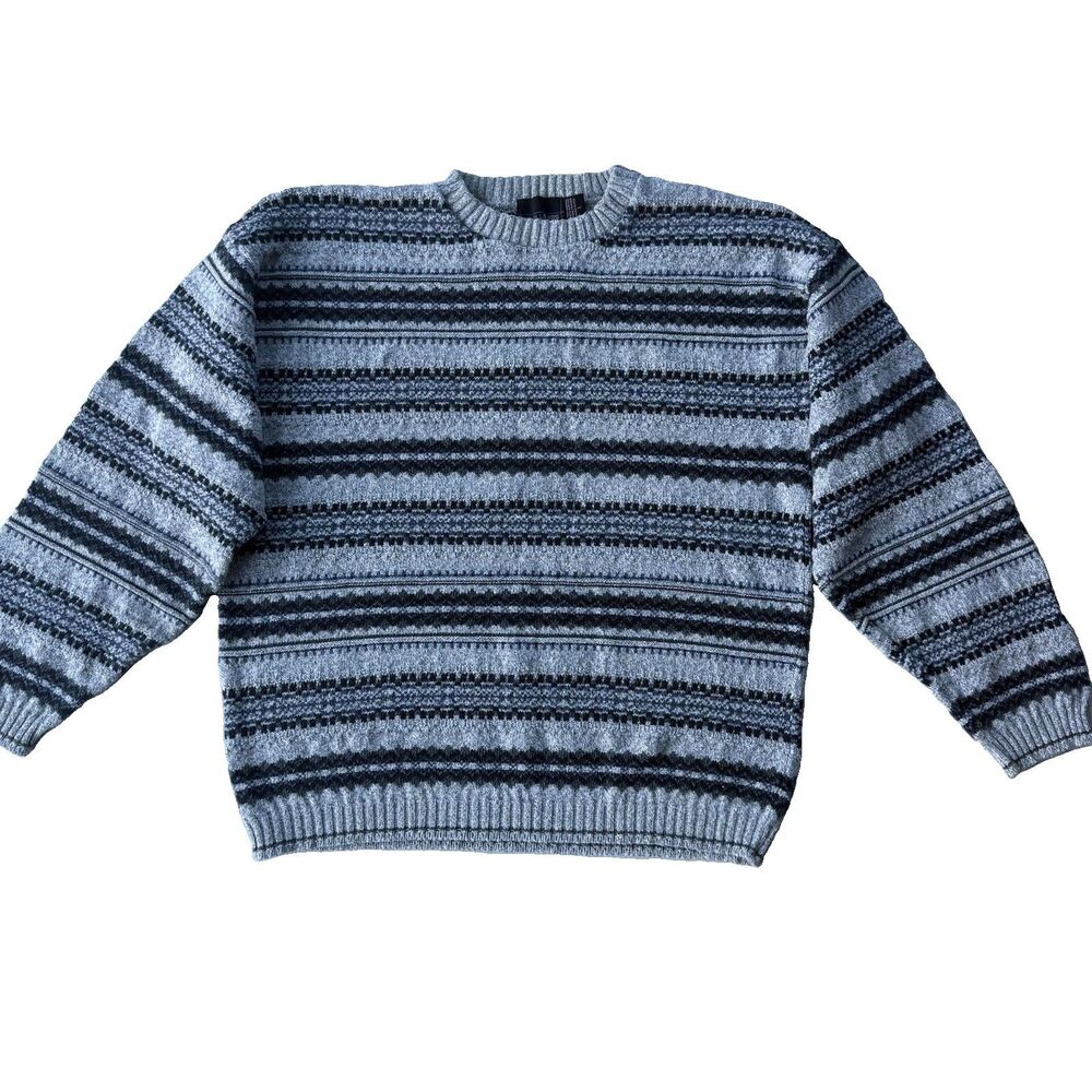 Vintage 90s Bill Blass Men's Gray Striped Textured Knit Sweater Sz Large USA